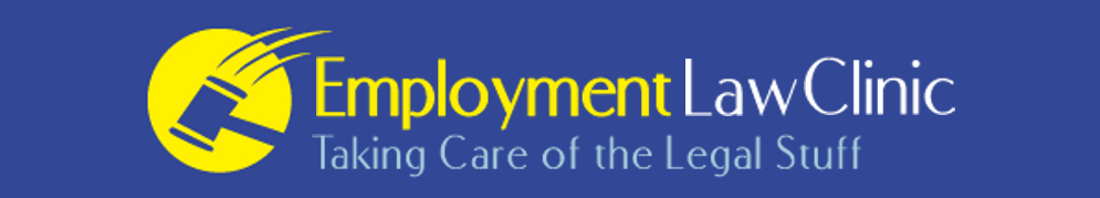 Employment Law Clinic - Taking Care of the Legal Stuff, and hammer logo in yellow circle with motion tails